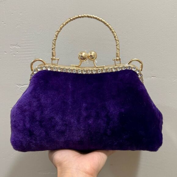 Purple Handmade Genuine Shearling Kisslock Top Handle bag/Shoulder Bag/Crossbody - Picture 2 of 16